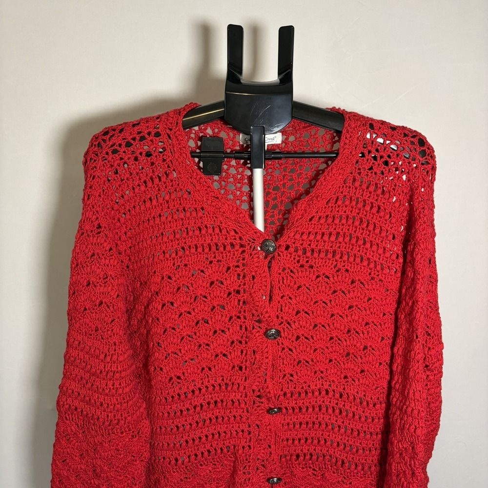 VTG 1X Red Crochet Open Knit 3/4 Sleeve Cottage Cardigan Button Grandma 90s Y2K - Picture 7 of 15